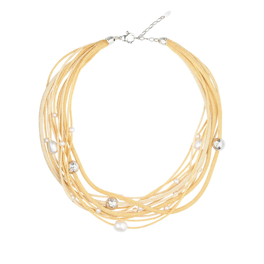 Collana Borsari Gioielli in argento 925 e filato metallico con perle bianche